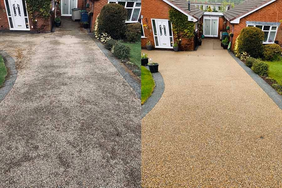 Resin-bound driveway before and after cleaning and resealing: dull and stained on the left, restored golden finish on the right