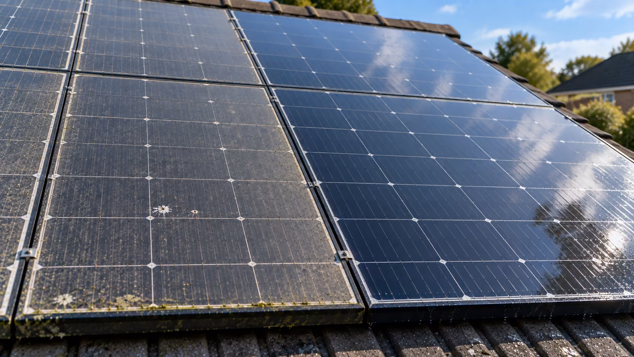 Solar panels on a tiled roof: the left panels hazy with dust, bird droppings and algae along the edge, the right panels clean and reflecting the sky